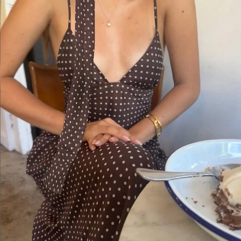Brown Sexy Women's Polka Dot Print Backless Strap Dress - Picture 1 of 7